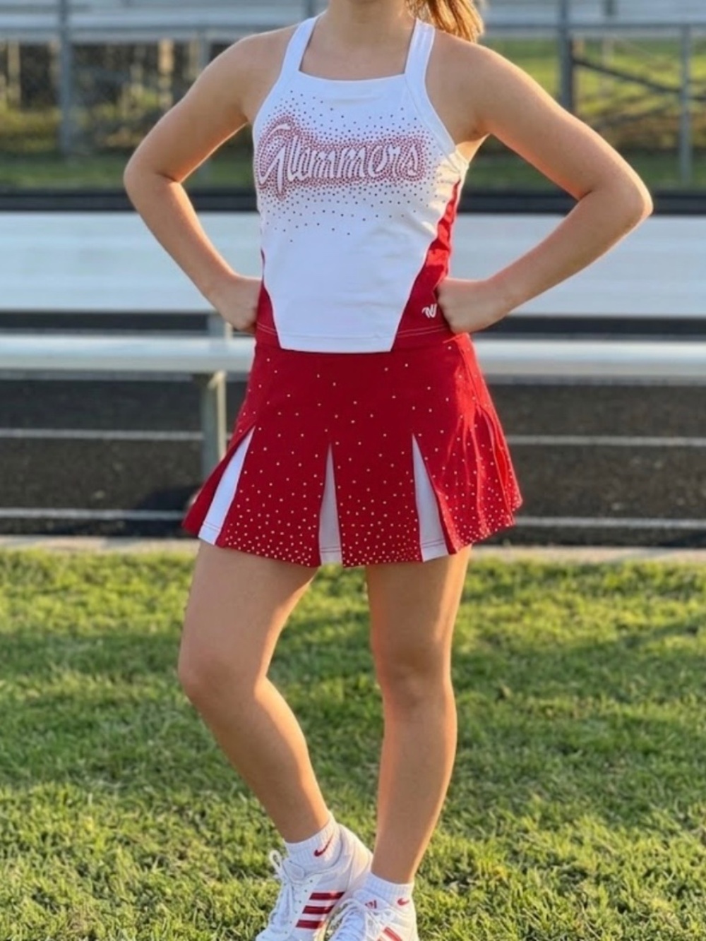 Varsity Spirit Red & White Rhinestone Cheer Uniform Set (Top & Skirt)